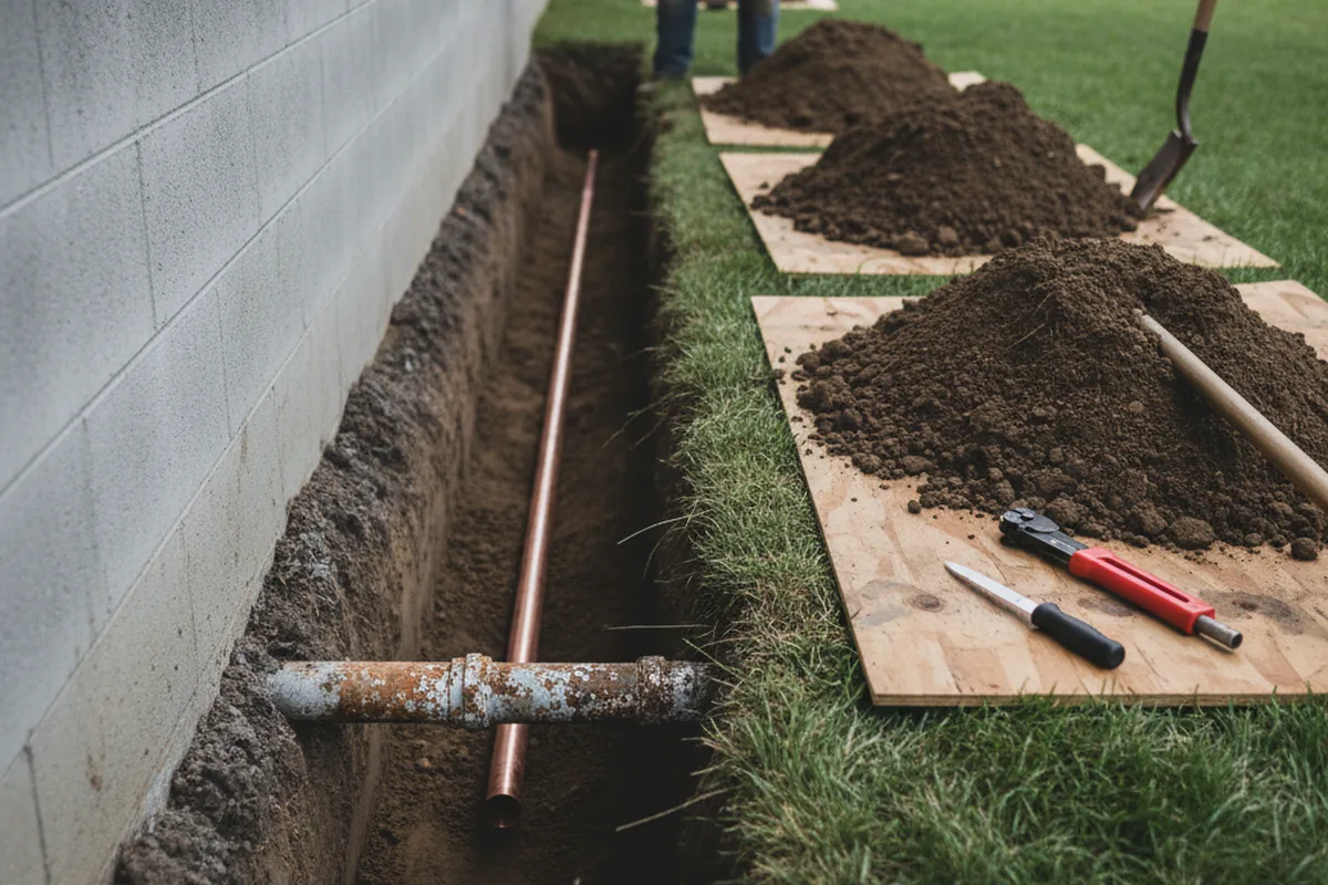 Excavated water line trench during Sewer Line Repair in Kent City